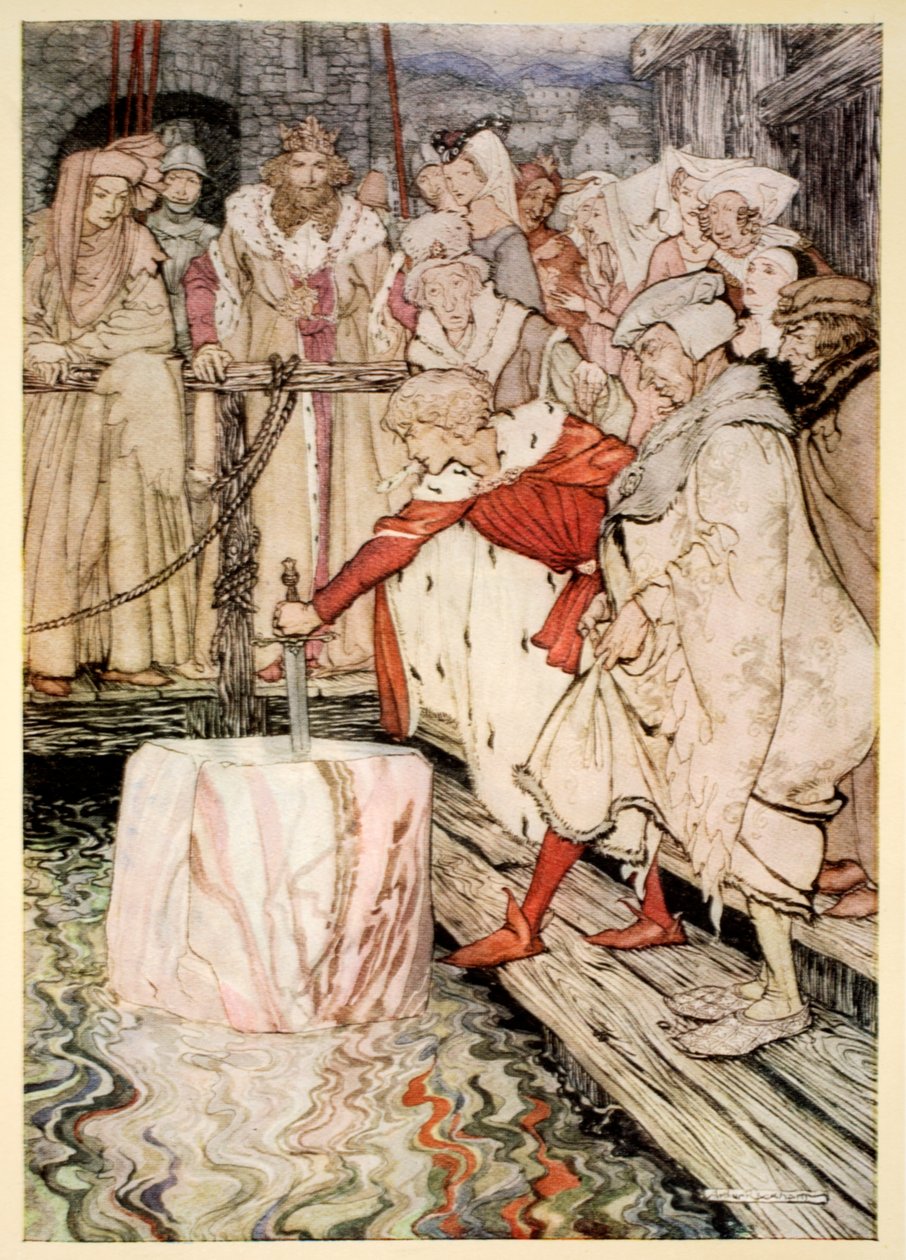 Hogyan húzta ki Galahad a kardot a Camelot-i lebegő kőből, illusztráció Alfred W. Pollard „Artúr király és a kerekasztal lovagjai románca” című művéből, 1910 alkotó: Arthur Rackham