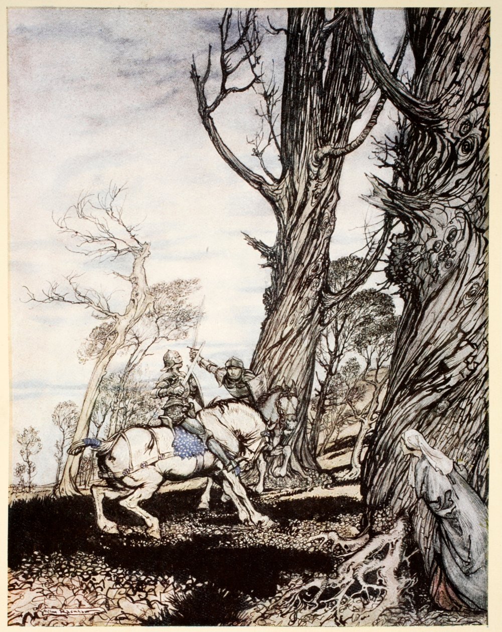 Hogyan ölte meg Sir Launcelot a lovagot, Sir Peris de Forest Savage-et, ami szorongatta a hölgyeket, damoseleket és úriasszonyokat, illusztráció „Artúr király és a kerekasztal lovagjainak románcából” A. alkotó: Arthur Rackham