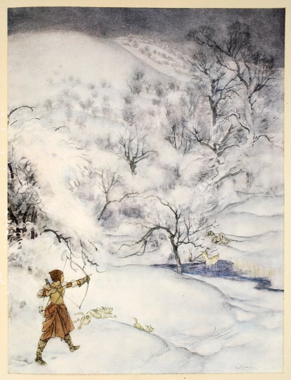 Hogyan lőtte le Sir Launcelotot egy vadászó úriasszony, illusztrációja Alfred W. Pollard „Artúr király és a kerekasztal lovagjai románcából”, 1910 alkotó: Arthur Rackham