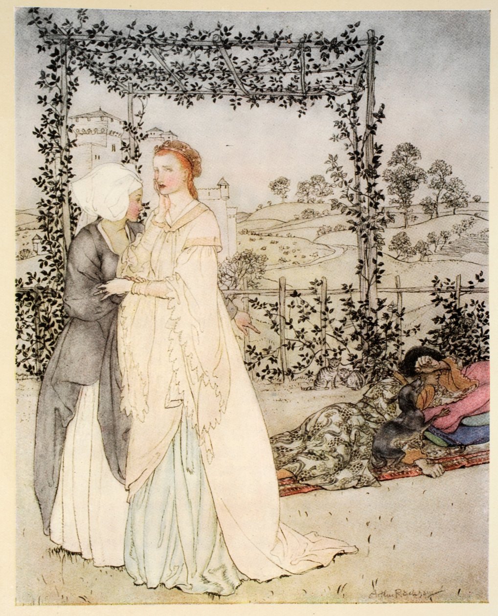Hogyan ismerte Tristramot a kis brachet Márk király kastélyának kertjében, illusztráció Alfred W. Pollard „Artúr király és a kerekasztal lovagjai románcából”, 1910 (l szín alkotó: Arthur Rackham
