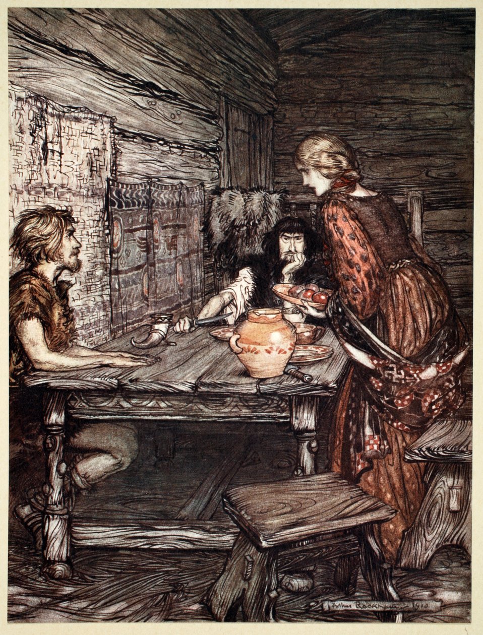 „Hunding felfedezi a hasonlóságot Siegmund és Sieglunde között”, 1910. alkotó: Arthur Rackham