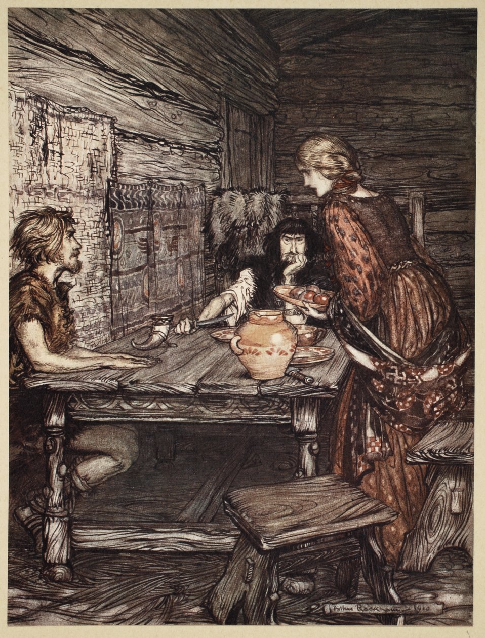 Hunding felfedezi a hasonlóságot Siegmund és Sieglunde között, illusztráció a „The Rhinegold and the Valkyrie” 1910-ben. alkotó: Arthur Rackham