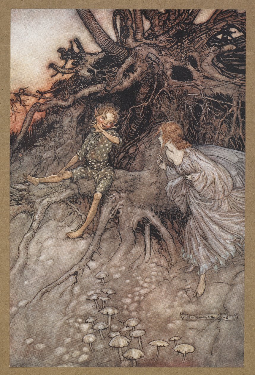 Én vagyok az éjszaka vidám vándora. Jelenet a Szentivánéji álomból. alkotó: Arthur Rackham