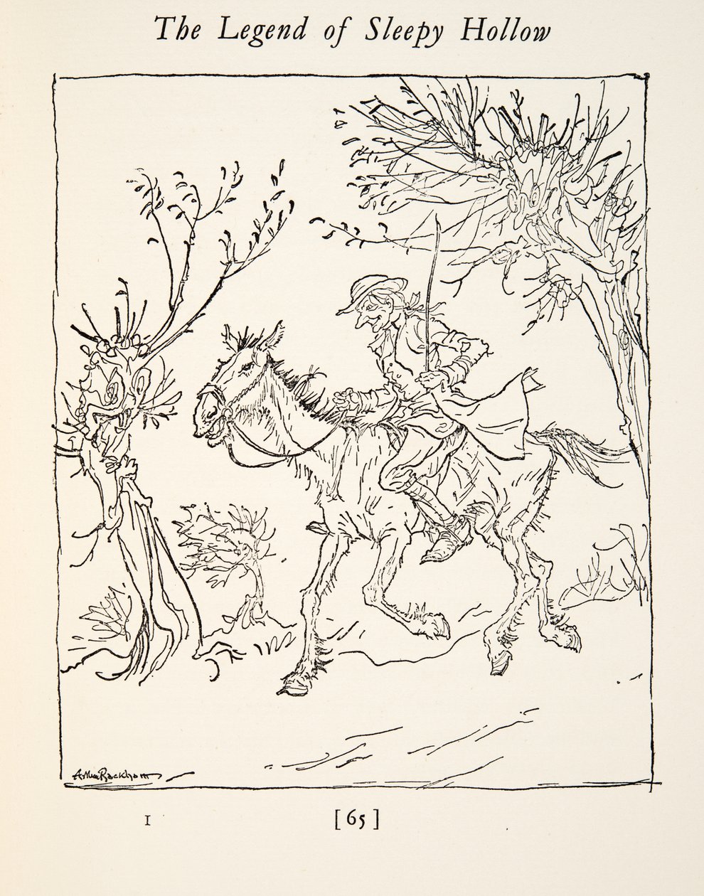 Ichabod Crane menekül a fejetlen lovas elől, Washington Irving (1783-1859) The Legend of Sleepy Hollow című kocsmájából. 1928 alkotó: Arthur Rackham