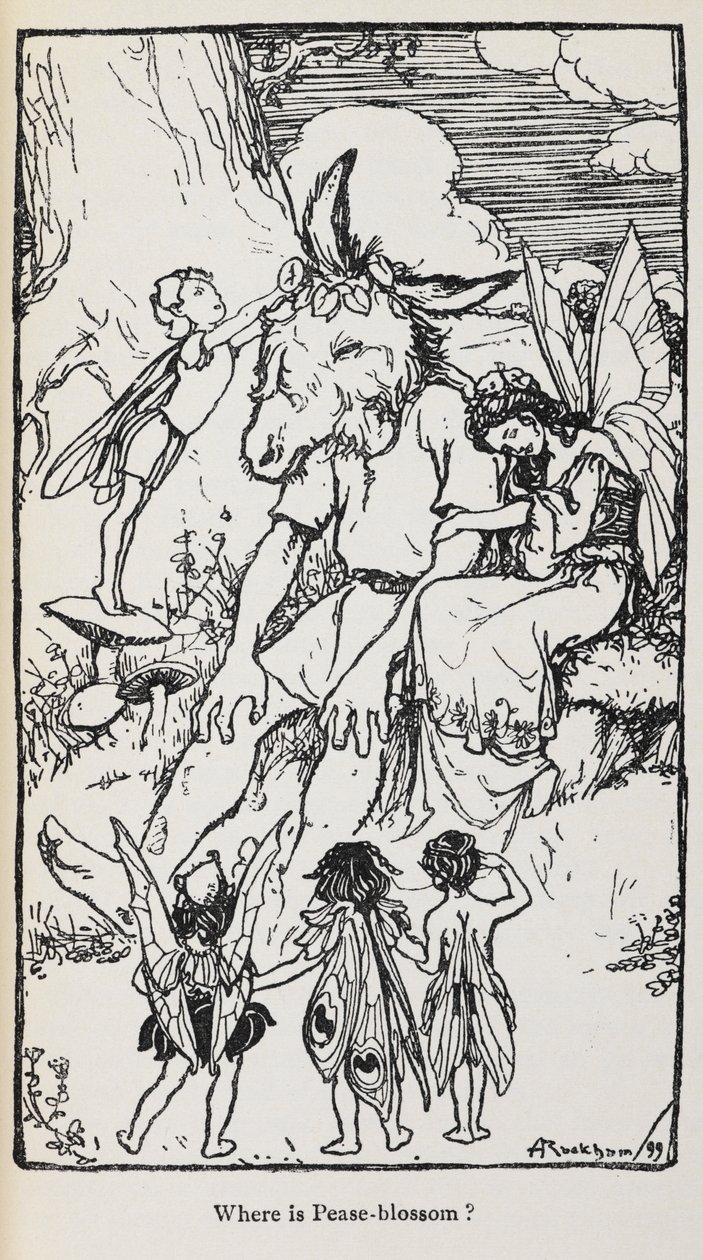 Illusztráció a Szentivánéji álomból tündérekkel és egy szamárfejű emberrel. alkotó: Arthur Rackham