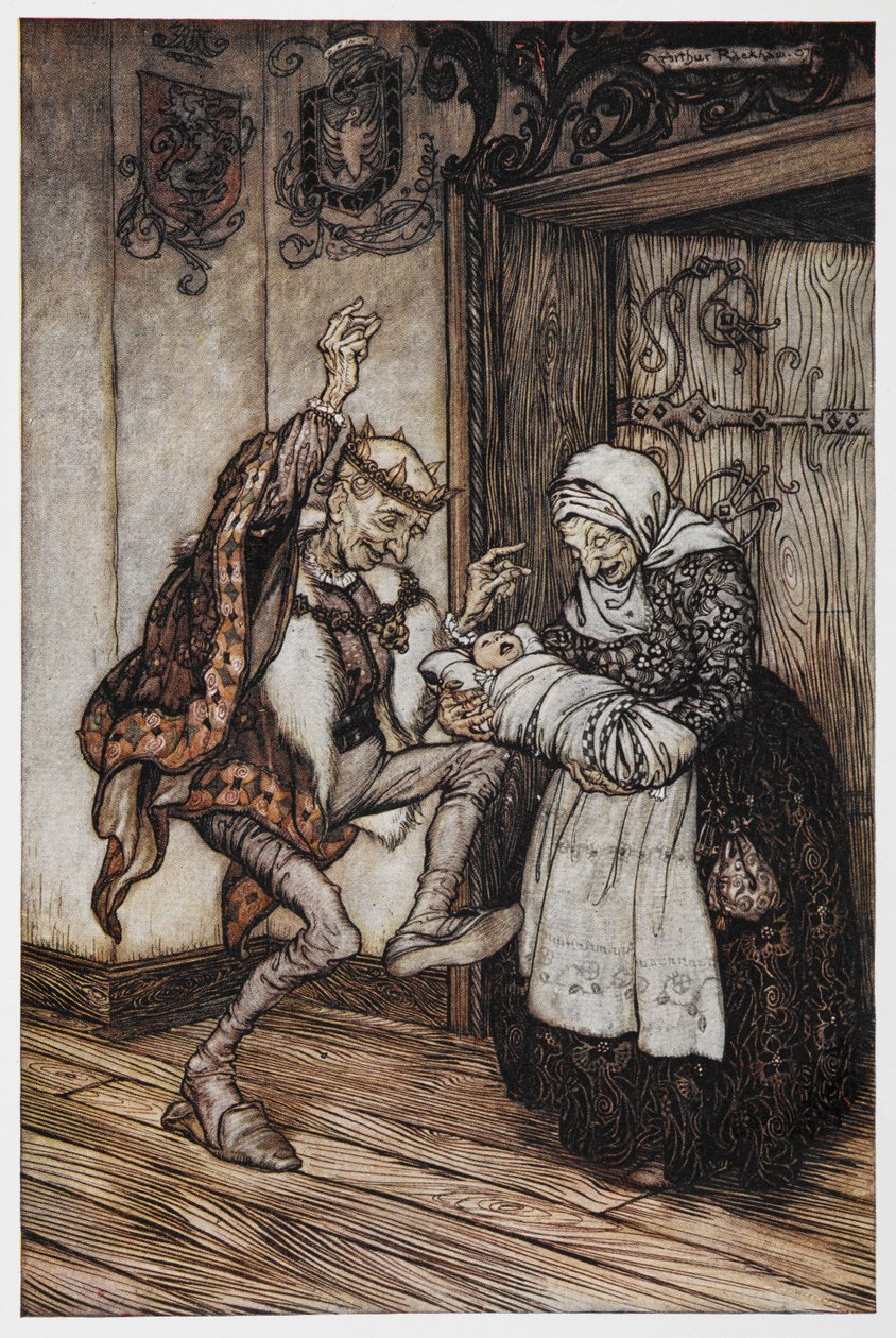 Illusztráció Briar Rose-tól, egy idős királyról és királynőről, valamint a babájukról. alkotó: Arthur Rackham