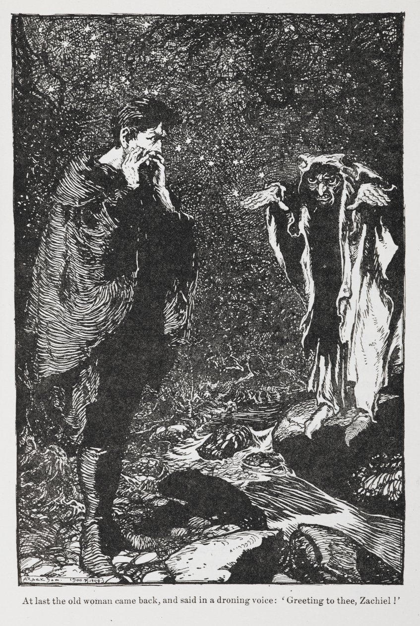 Illusztráció: Jorinda és Joringel, Zachiel és az öregasszony. alkotó: Arthur Rackham
