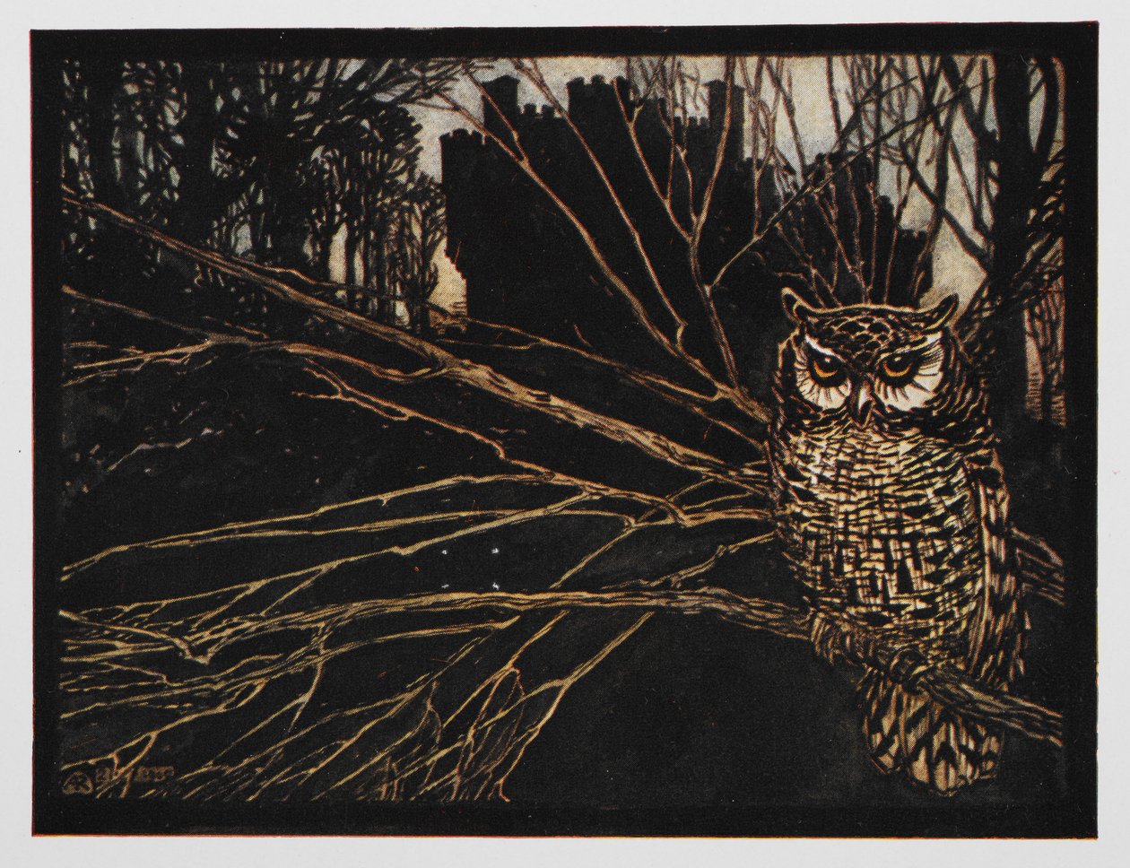 Illusztráció Jorindától és Joringeltől egy csikorgó bagolyról. alkotó: Arthur Rackham