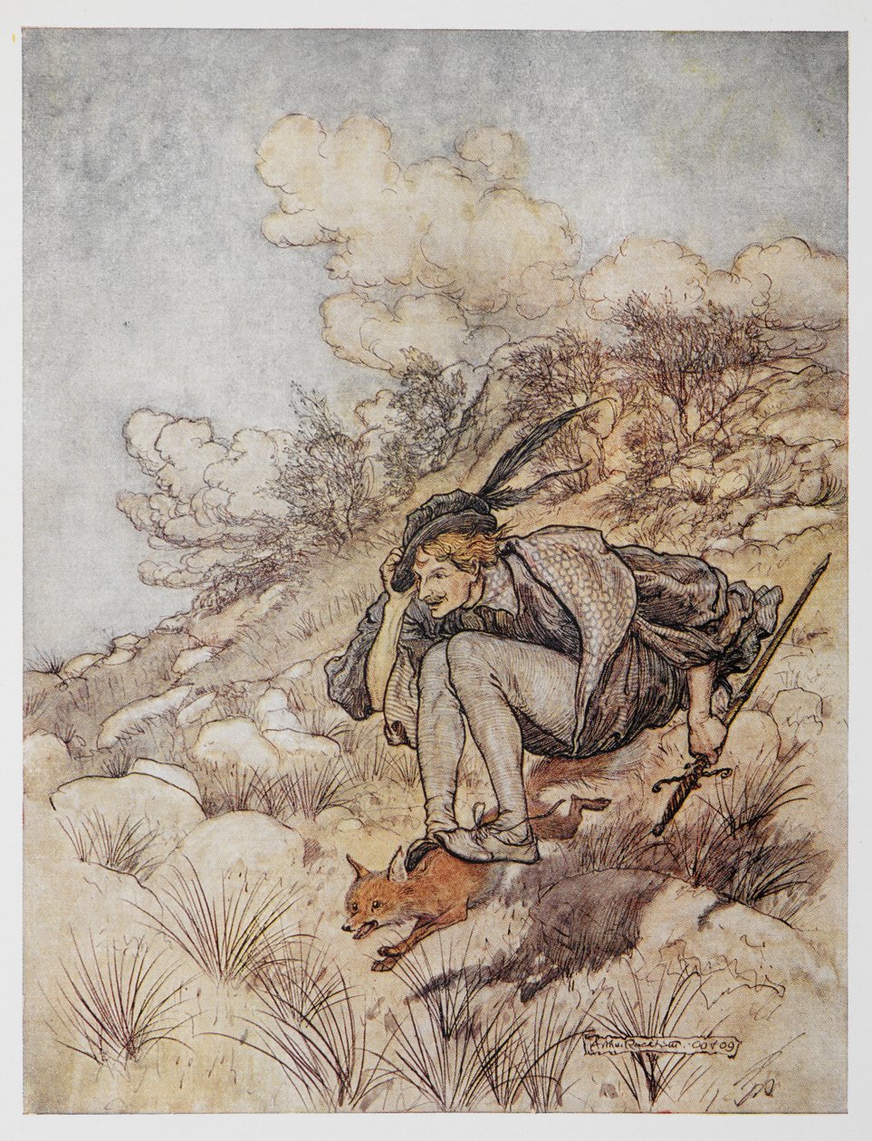 Illusztráció az Aranymadárból. Rókán lovagló herceg. alkotó: Arthur Rackham