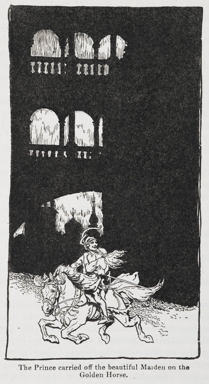 Illusztráció az Aranymadárból, amikor a herceg elviszi a leányzót lóháton. alkotó: Arthur Rackham