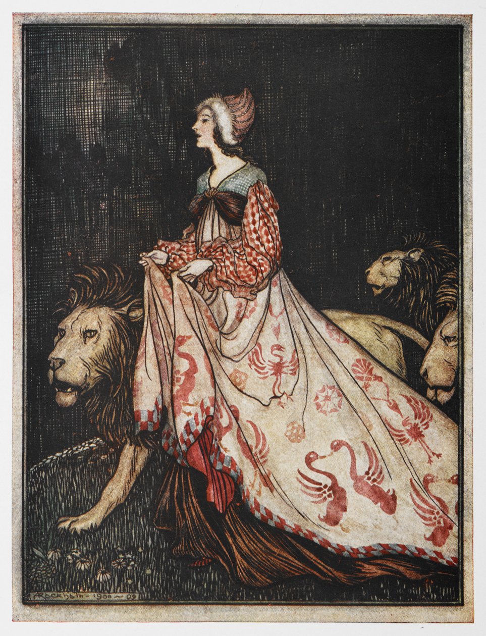Illusztráció: A hölgy és az oroszlán. alkotó: Arthur Rackham