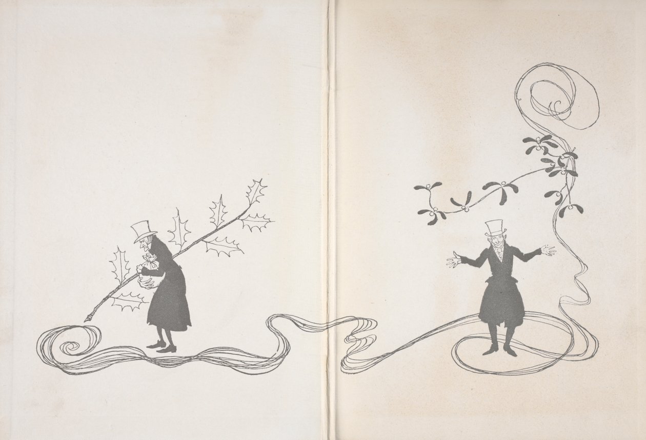Scrooge illusztrációja. Az egyik oldalán egy magyalszál ábrázolja, egy zacskó pénzt szorongatva és dühösnek látszik. Másrészt boldognak látszó fagyöngy szálkával van ábrázolva. alkotó: Arthur Rackham
