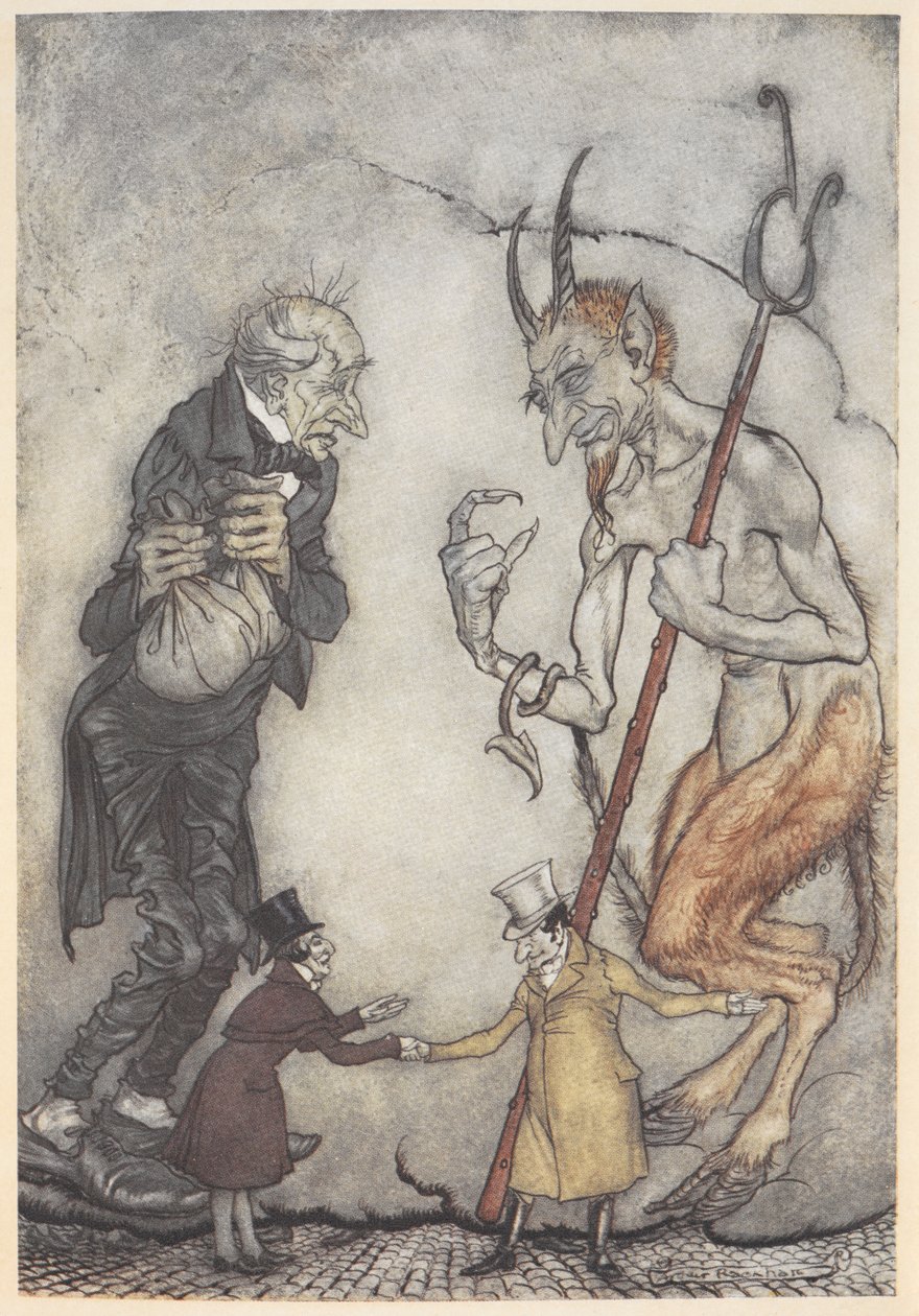Illusztráció: Scrooge és az ördög két kis ember alattuk alkotó: Arthur Rackham