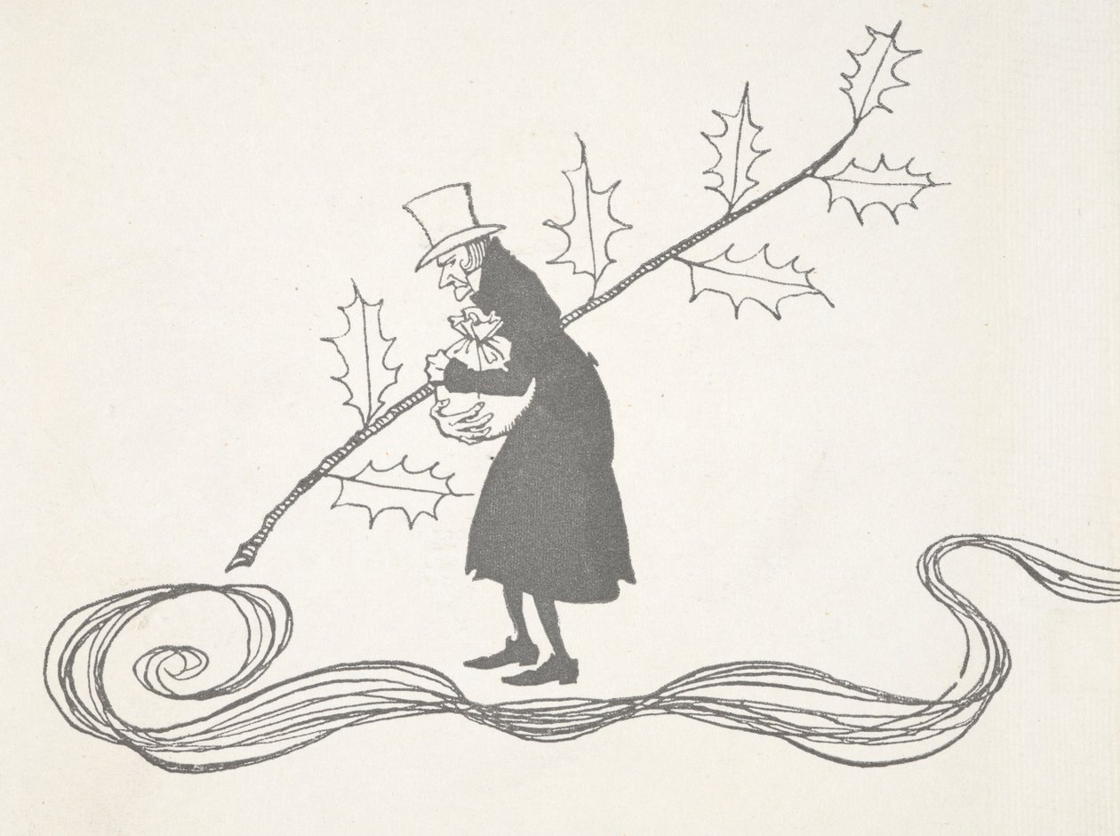 Illusztráció: Scrooge, egy szál magyal ábrázolva, egy zacskó pénzt szorongatva dühösen néz ki. alkotó: Arthur Rackham