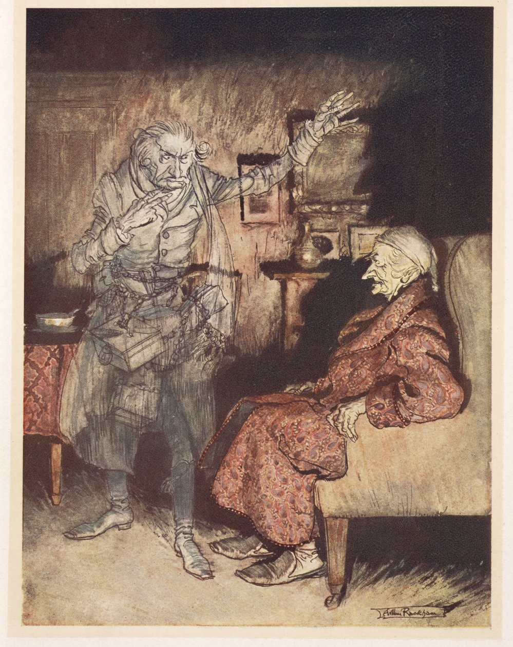 Illusztráció: Scrooge a karácsony múltjának szellemével alkotó: Arthur Rackham