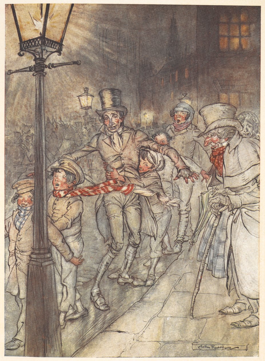 Illusztráció egy utcai jelenet karácsony estéjén Bob Cratchittel és gyerekekkel. alkotó: Arthur Rackham