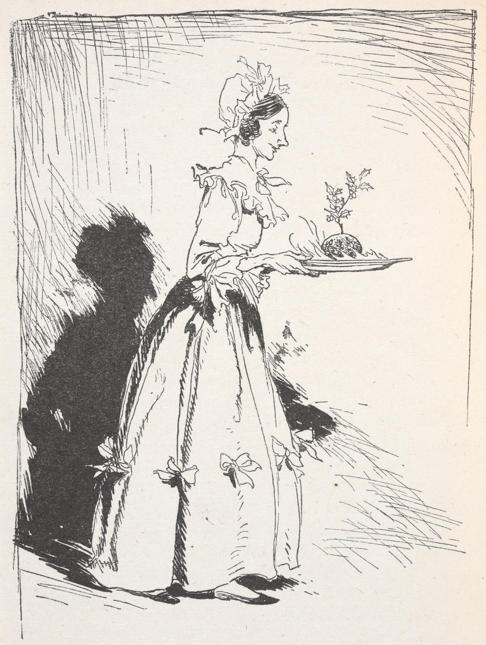 Egy karácsonyi pudingot hordozó nő illusztrációja alkotó: Arthur Rackham