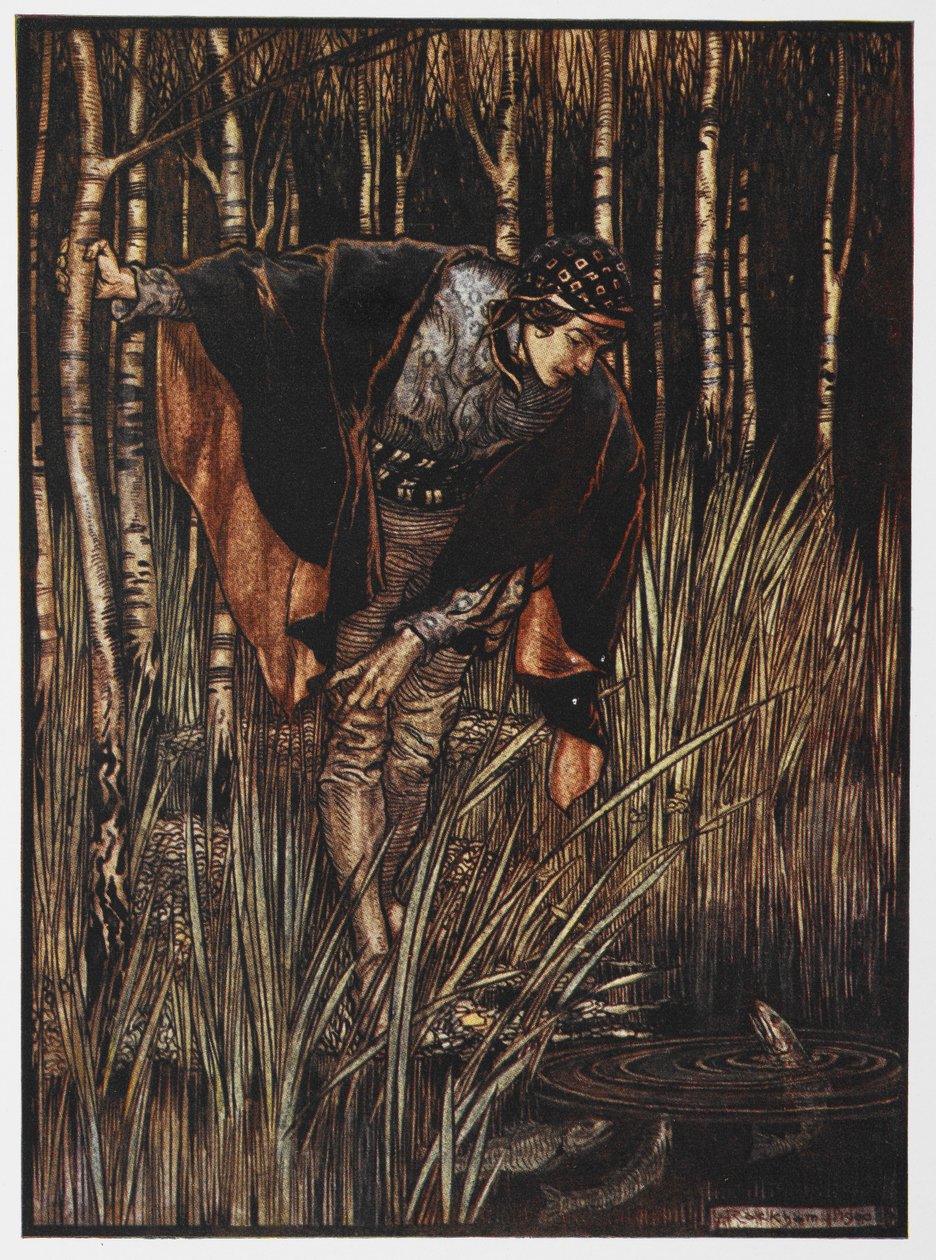 Illusztráció egy fiatalról a tó mellett a Fehér kígyóból. alkotó: Arthur Rackham