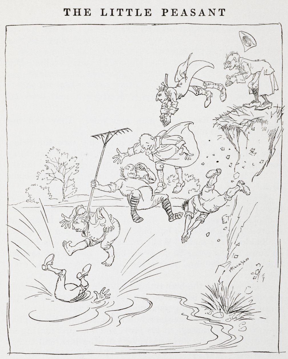Illusztráció a szikláról a tóba ugráló férfiakról a Kis parasztok című filmből. alkotó: Arthur Rackham