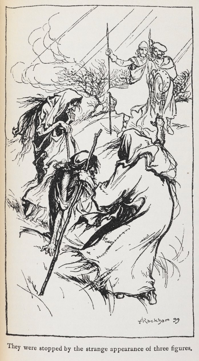 A három boszorkány, Macbeth és Banquo illusztrációja. alkotó: Arthur Rackham