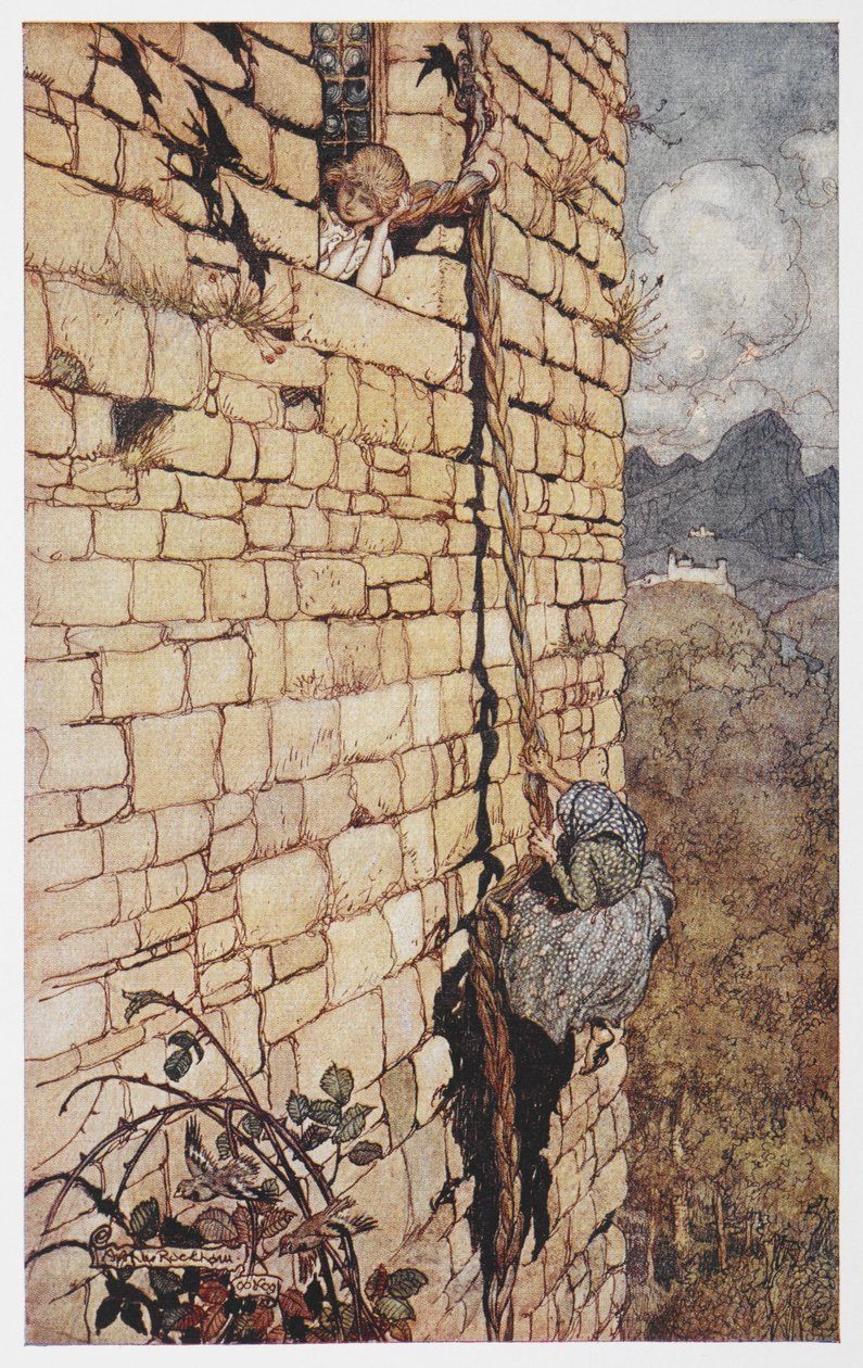 Illusztráció: a boszorkány felmászik Rapunzel hajába. alkotó: Arthur Rackham