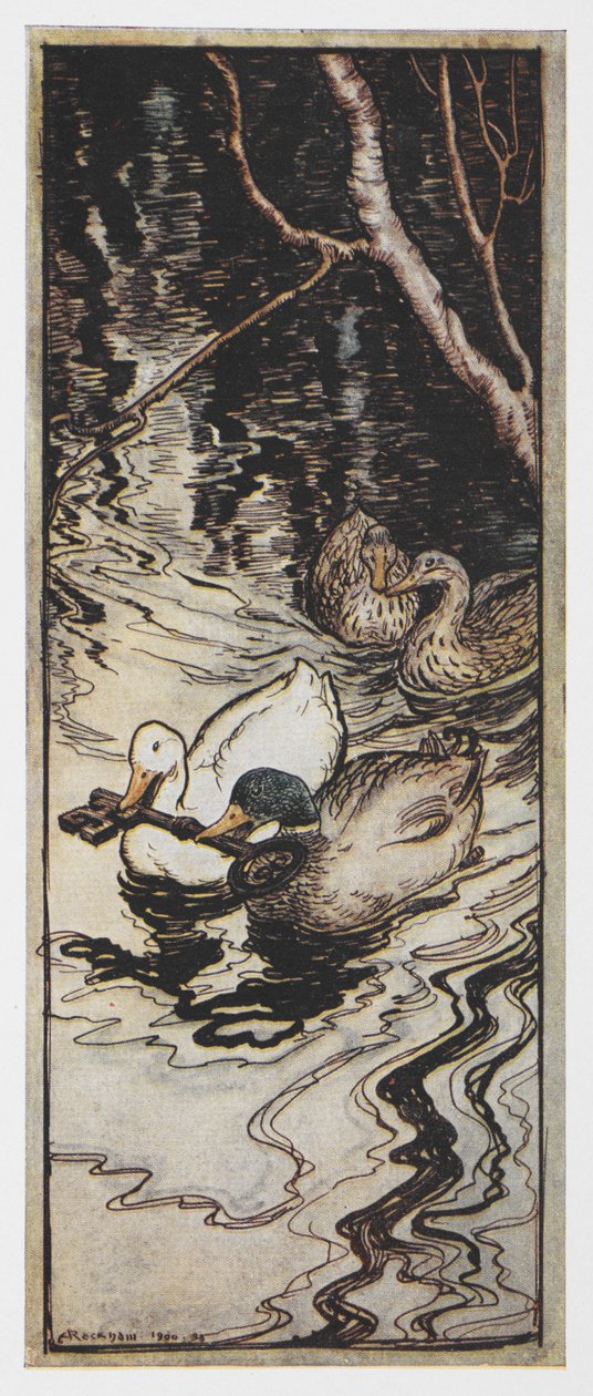 Illusztráció: két kacsa kulcsot hordozó méhkirálynőtől. alkotó: Arthur Rackham