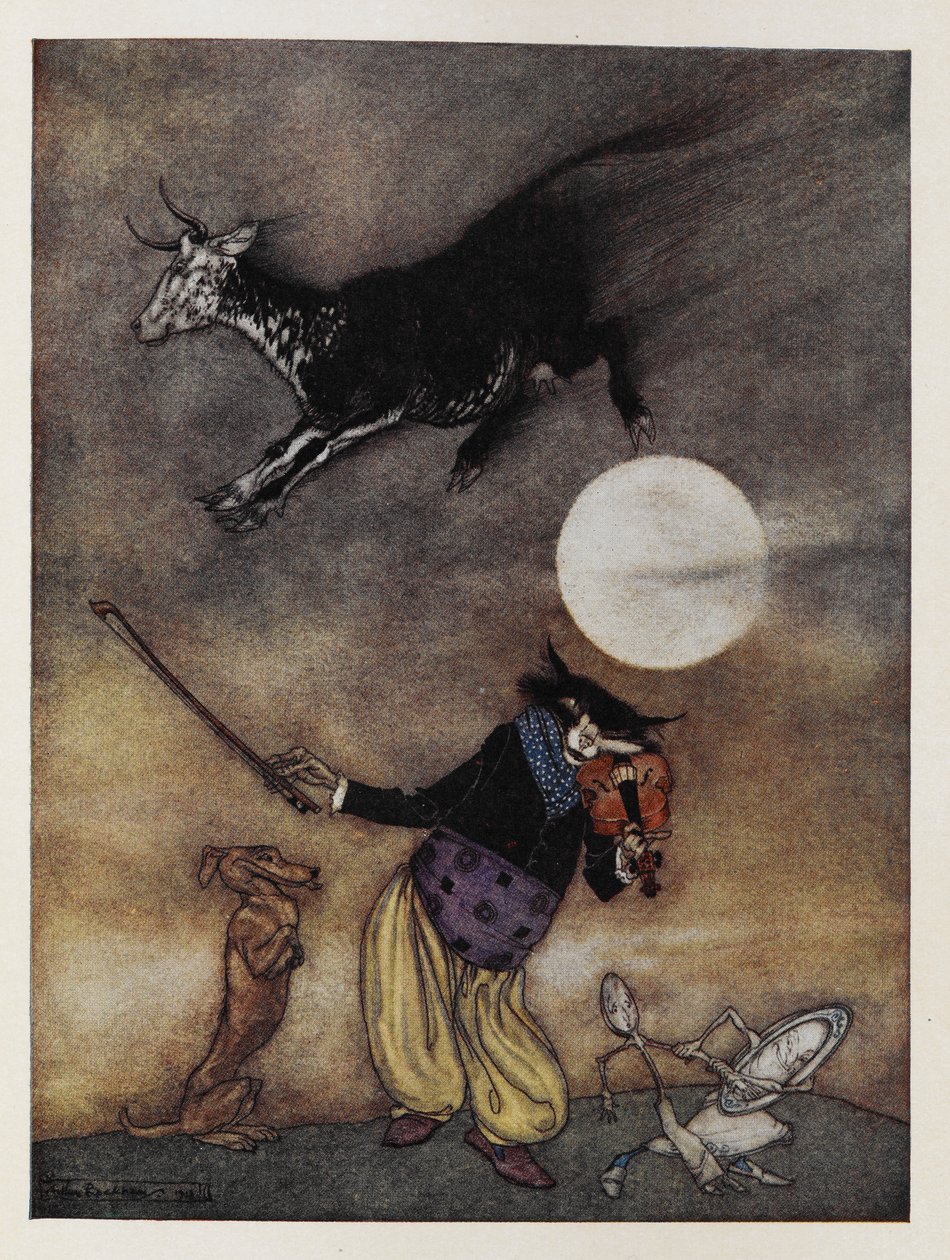 Illusztráció egy mondókához. Egy tehén átugrik a Holdon. Egy macska, aki hegedül. Egy kutya. Egy kanállal elszaladó edény. alkotó: Arthur Rackham