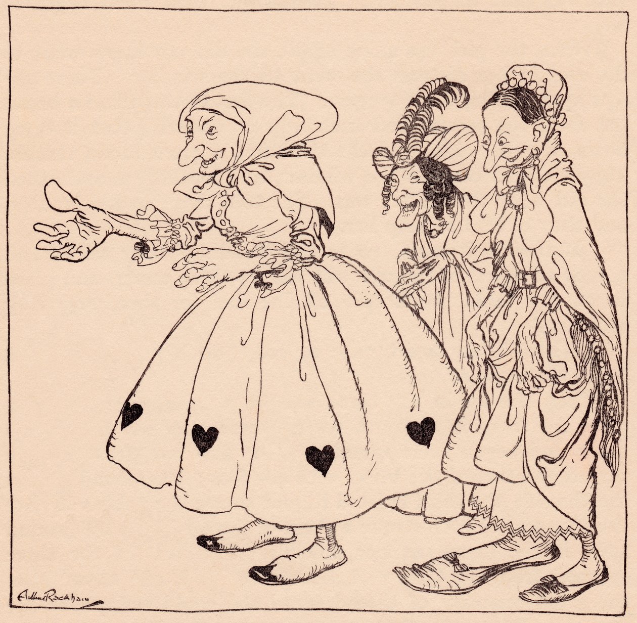 A három legkülönlegesebben öltözött nő lépett be. Illusztráció: Arthur Rackham a Grimm meséjéből, A három forgó nőből. alkotó: Arthur Rackham