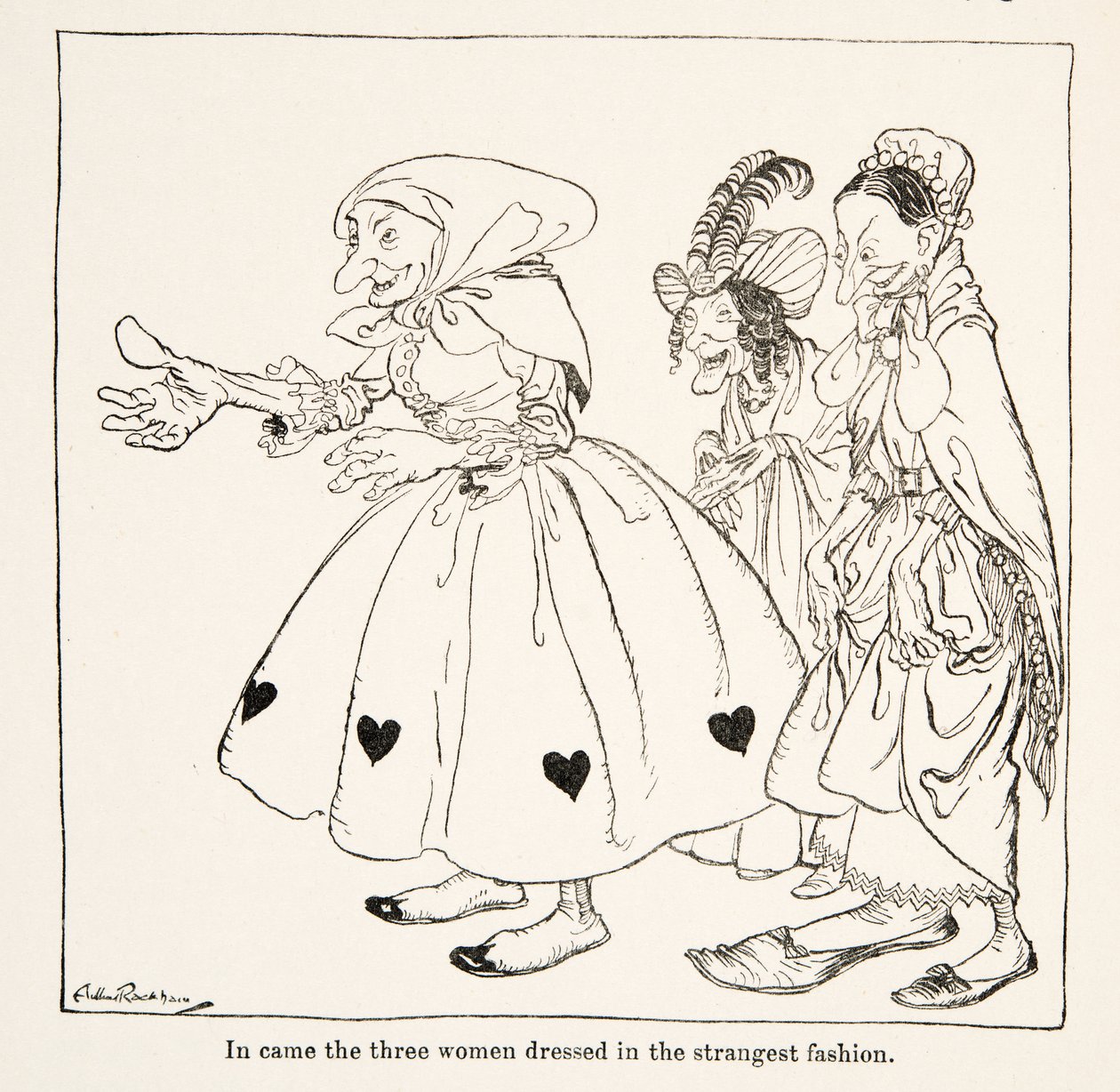 Belépett a három legfurcsább módon öltözött nő, a Little Brother & Little Sister és a Grimm testvérek más meséiből, pub.1917 (litho) alkotó: Arthur Rackham
