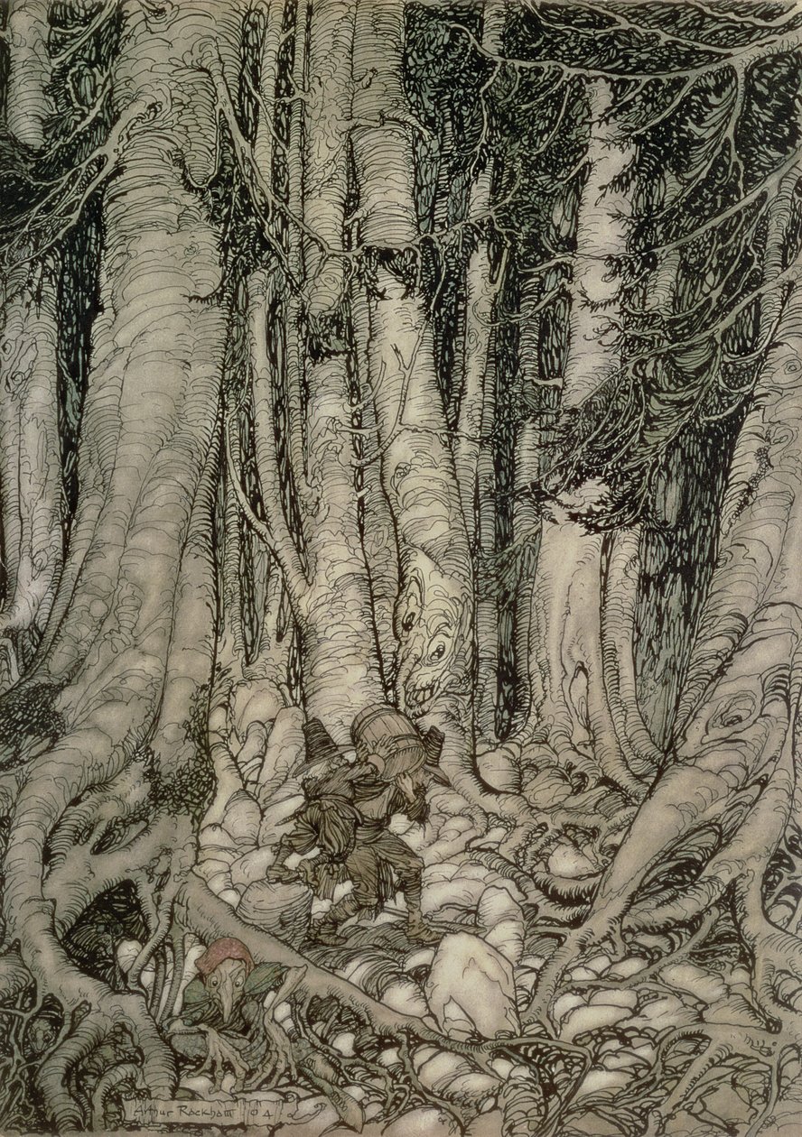 Az erdőben hordóval Rip Van Winkle-től írta Washington Irving (1783-1859), 1905 alkotó: Arthur Rackham