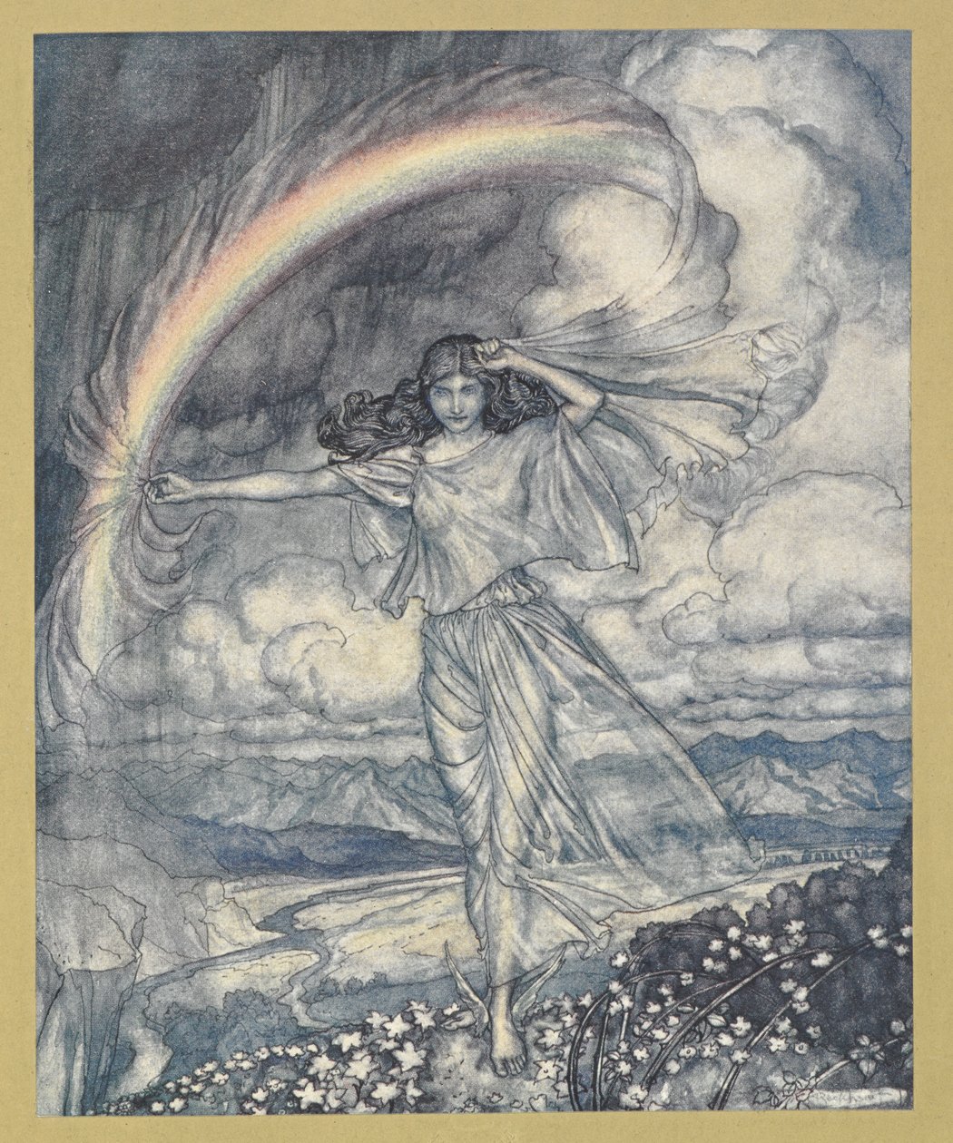 Írisz ott, nedves íjjal. alkotó: Arthur Rackham