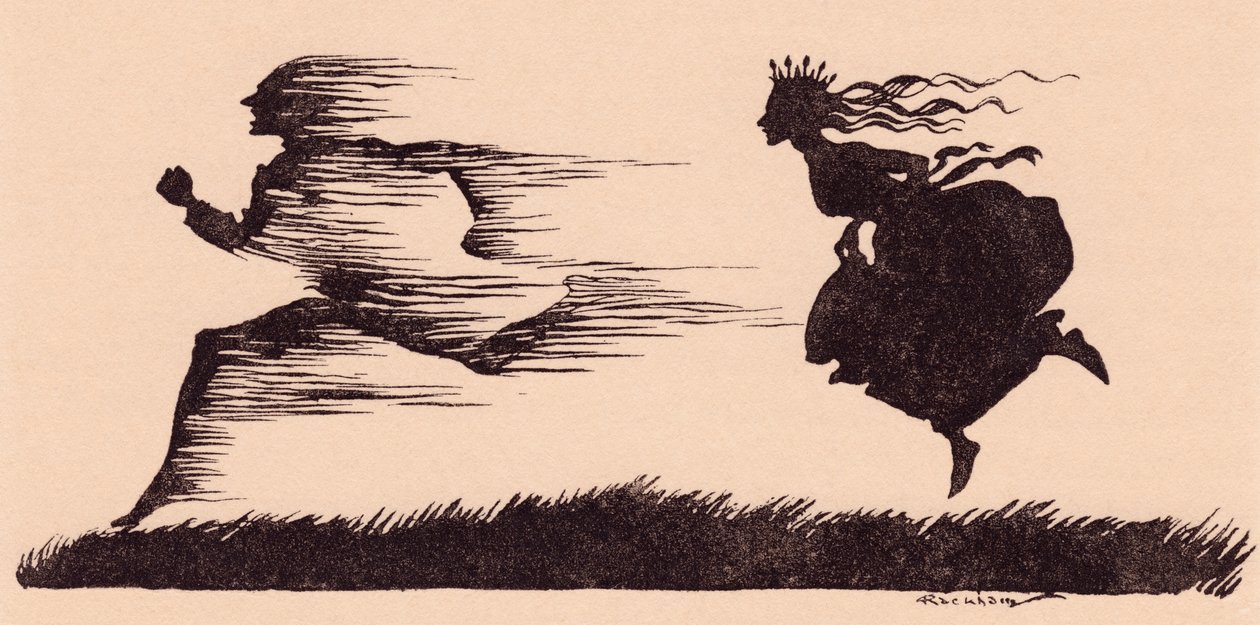 Mintha fütyült volna mellette a szél. Illusztráció: Arthur Rackham a Grimm tündérmeséjéből, Hogyan jutott el a hat emberhez a világban. alkotó: Arthur Rackham