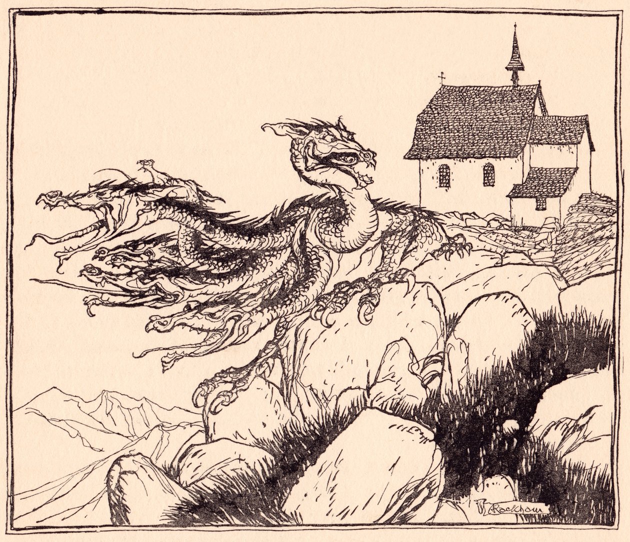 Nem sokkal később megérkezett a hétfejű sárkány hangosan ordítva. Illusztráció: Arthur Rackham a Grimm meséjéből, A két testvér. alkotó: Arthur Rackham