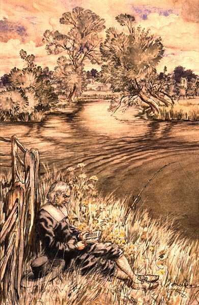 Izaak Walton dőlve a kerítésnek, Izaak Walton illusztrációinak egyike, a „The Complete Horgász” (toll, tinta és akvarell papíron) alkotó: Arthur Rackham