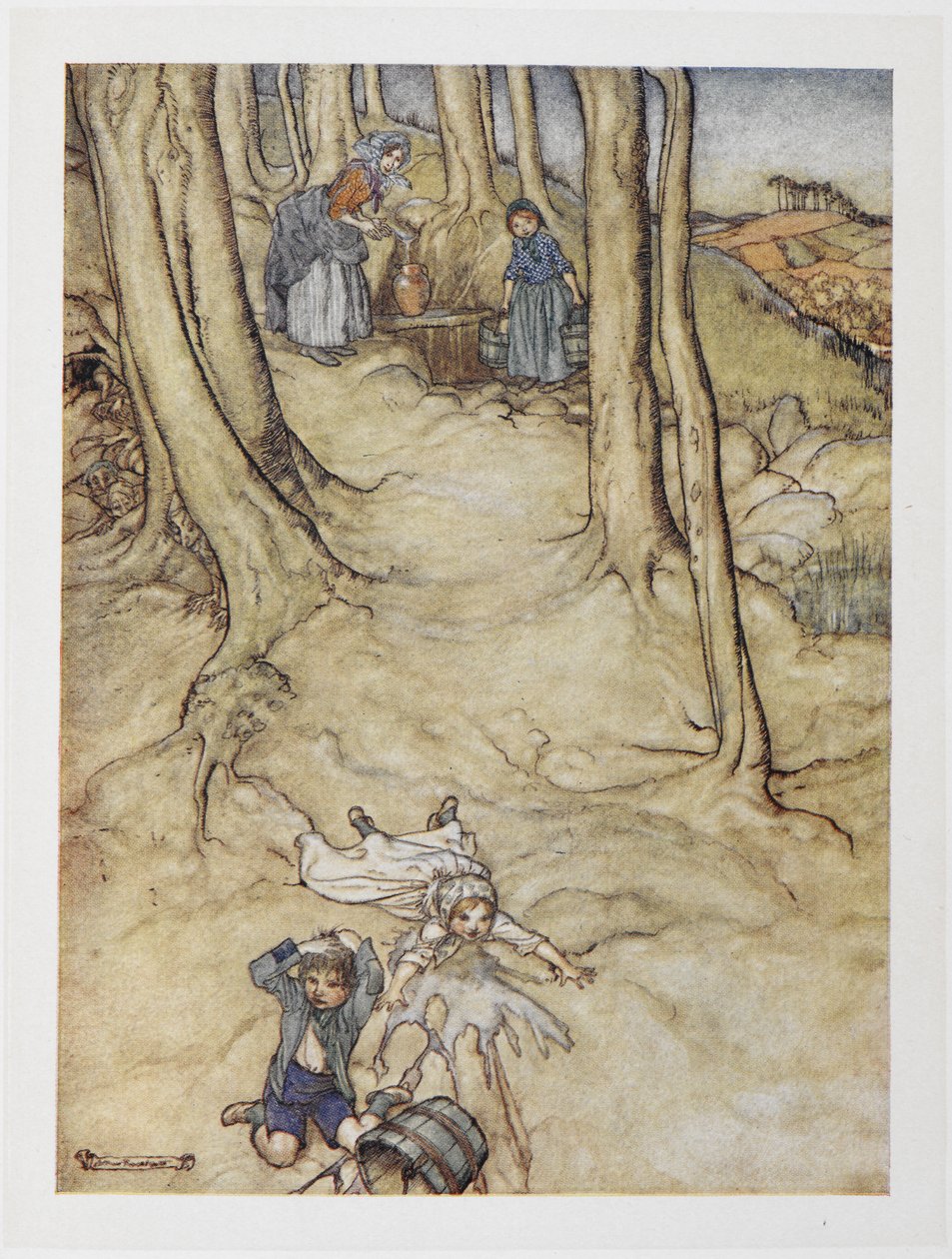 "Jack és Jill". Két gyerek leesik a dombról. Jill kiönt egy vödör vizet, míg Jack megüti a fejét. alkotó: Arthur Rackham