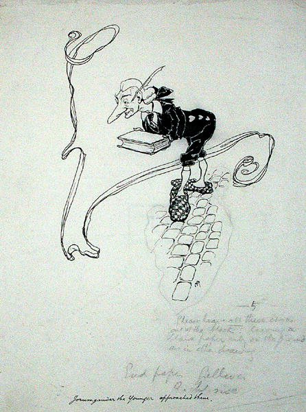 „Jorumgander the Younger elhagyta üzletét, és megkereste őket egy tolltartóval, amelyet eladásra kínált” – illusztráció a „The Zankiwank and the Bletherwitch” című művéből, S.J. Adair Fitzgerald, 1896-ban megjelent (toll és tinta papíron) alkotó: Arthur Rackham