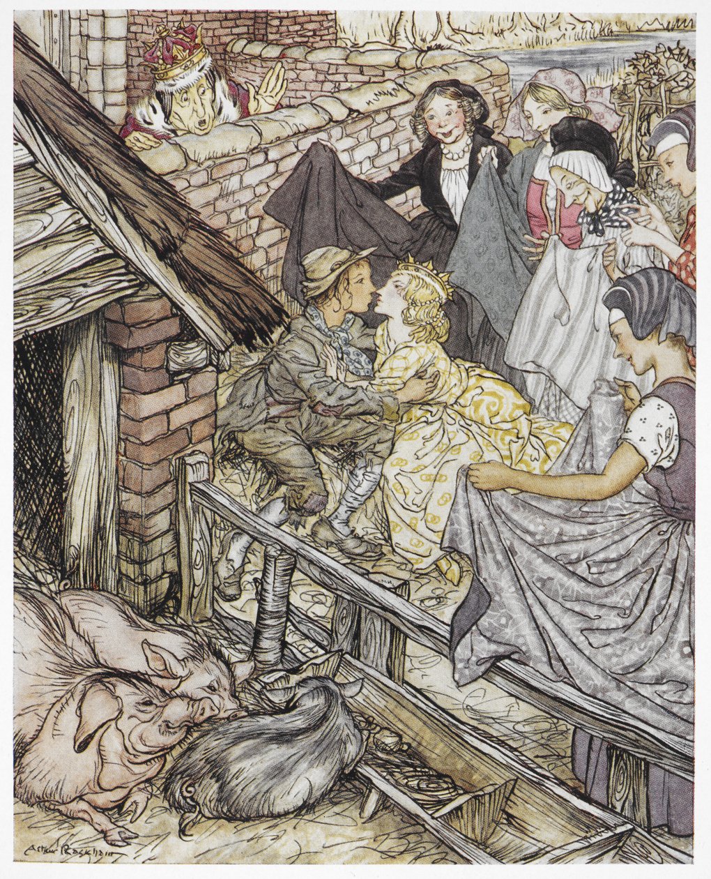 „Amikor a disznópásztor a nyolcvanhatodik csókot szedte”, a „The sertéspásztor” című illusztrációja, Hans Christian Andersen alkotó: Arthur Rackham