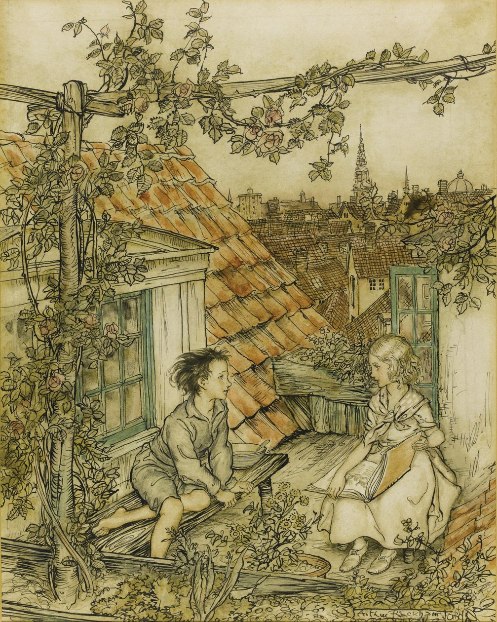 Kay és Gerda a kertjükben, magasan a tetőn. Illusztráció a Hókirálynő című meséhez, 18 alkotó: Arthur Rackham