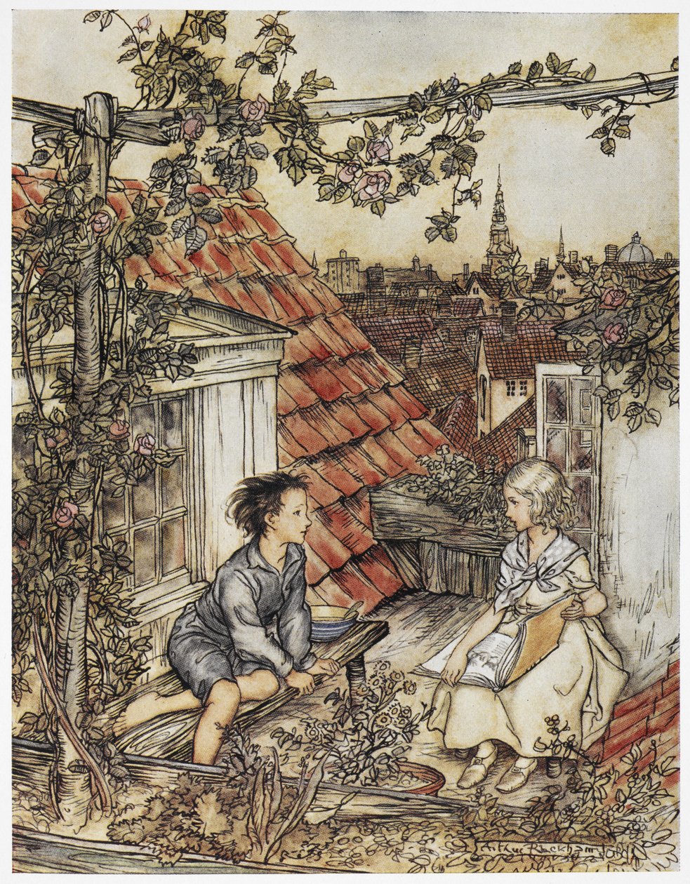 "Kay és Gerda a kertjükben, magasan a tetőn". Két gyerek ül egy ház tetején. Illusztráció: "A kislány és a kisfiú". alkotó: Arthur Rackham