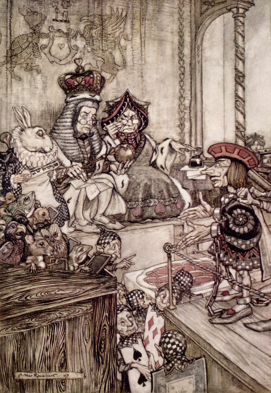 Lovag a szívek királya és királynője előtt, illusztrációja Lewis Carroll (1832-98) „Alice kalandjai csodaországban” című művéhez, 1907 alkotó: Arthur Rackham