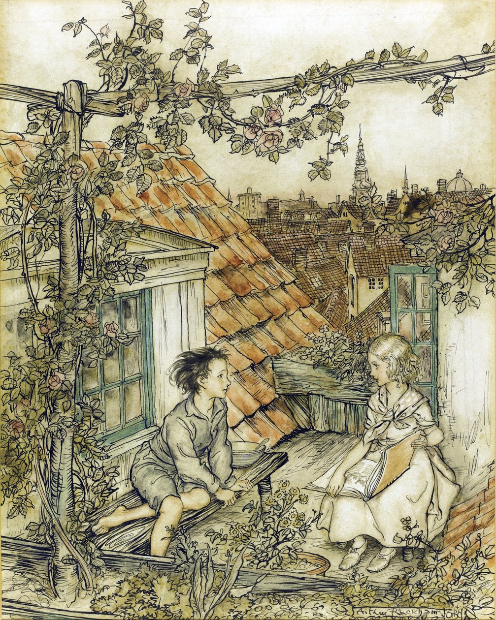 La Reine des neiges – Kay és Gerda a kertjükben, magasan a tetőn. Illusztráció a Hókirálynő Rackham, Arthur (1867-1939) című meséjéhez alkotó: Arthur Rackham