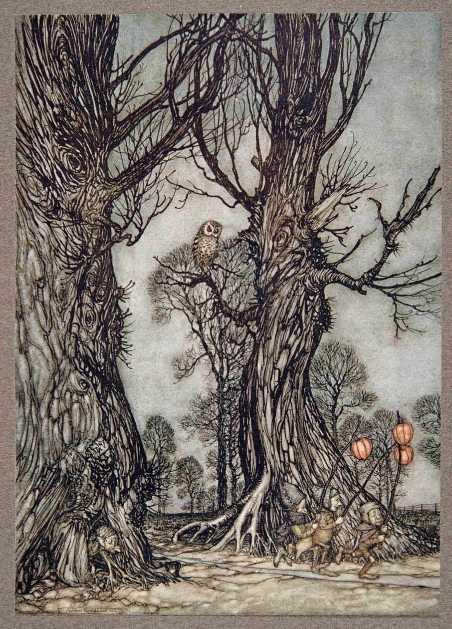 Elöl futó linkemberek téli cseresznyével, Peter Pan-től a Kensington Gardensben, J M Barrie (1860-1937), pub. 1906 alkotó: Arthur Rackham