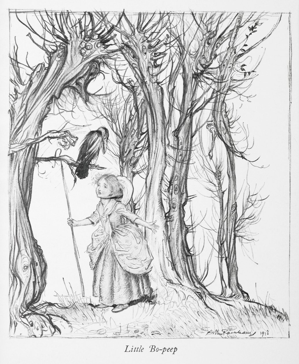 Kis Bo-kukucskál egy erdőben egy madárral. alkotó: Arthur Rackham