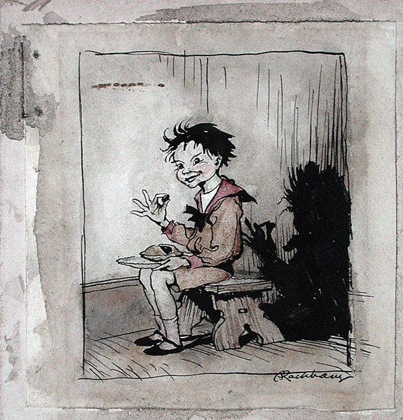 Little Jack Horner, 1913-ban megjelent „Mother Goose, The Old Nursery Rhymes” illusztrációja (toll, tinta és akvarell papíron) alkotó: Arthur Rackham