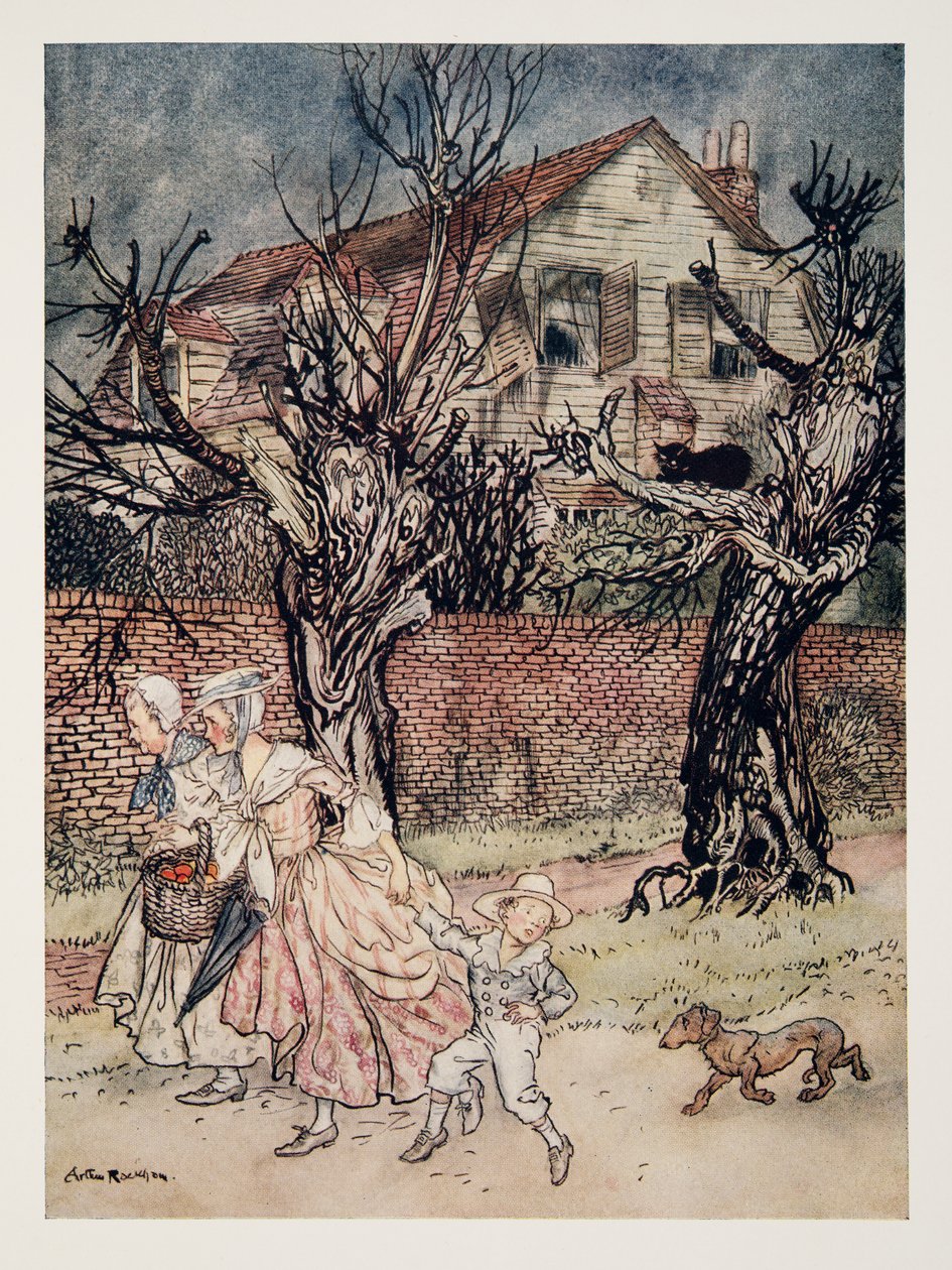 Csodálatos mesék Kísértetmezőkről, Kísértetjárta patakokról és Kísértetjárta házakról, Washington Irving (1783-1859), kocsma The Legend of Sleepy Hollow-ból. 1928 alkotó: Arthur Rackham