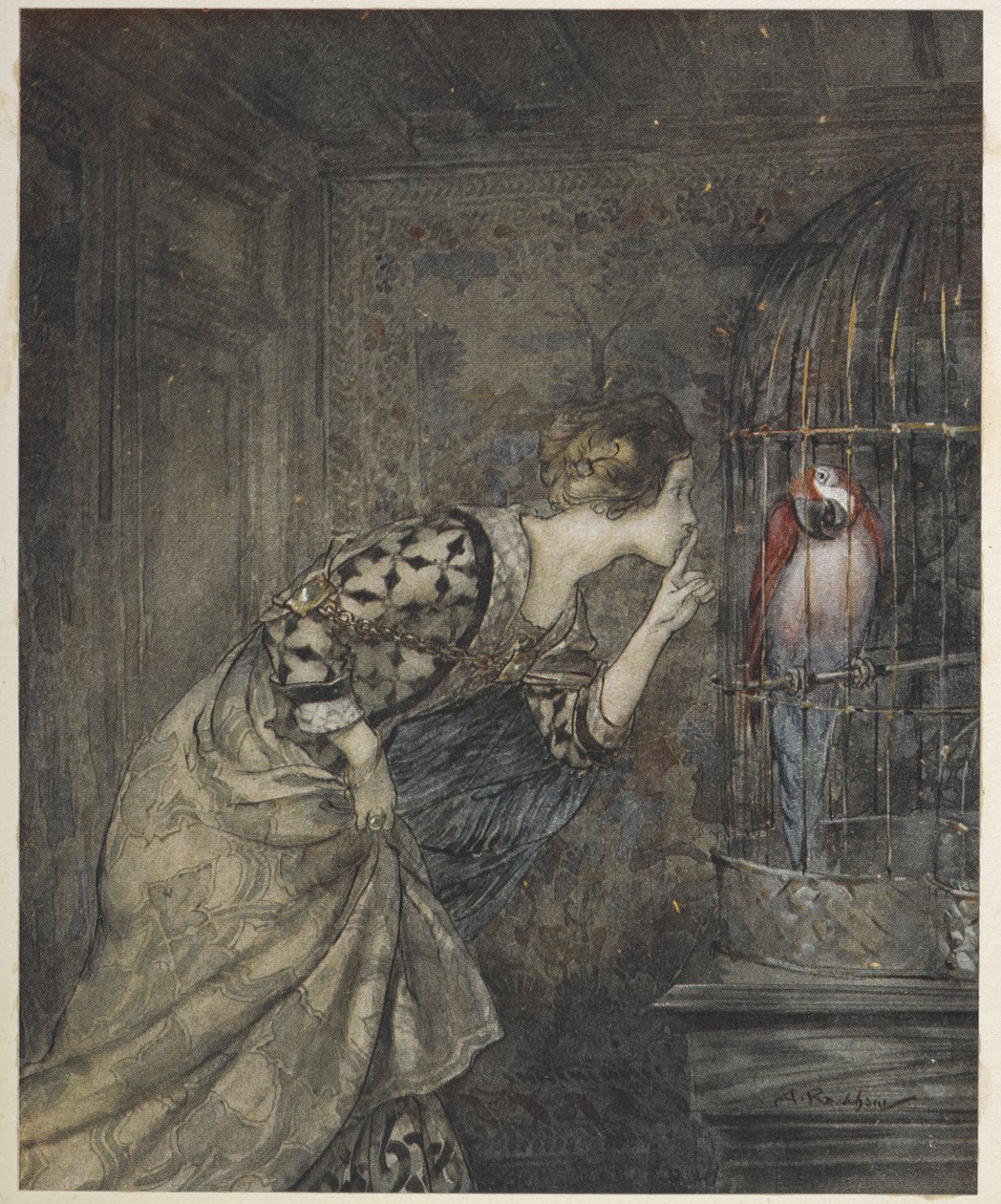May Colvin és egy papagáj egy ketrecben. alkotó: Arthur Rackham