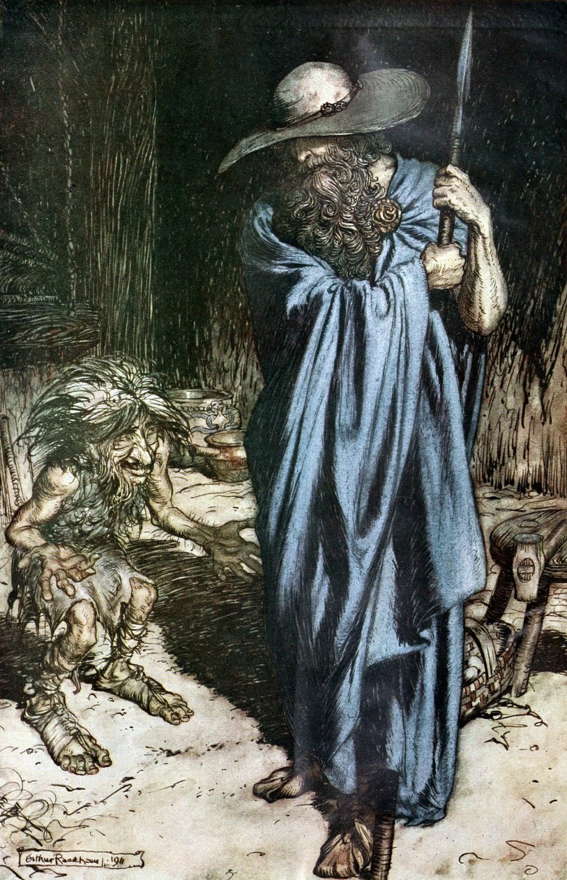 Mime és a vándor. Illusztráció Siegfriedhez és Az istenek alkonyához, Richard Wagnertől, alkotó: Arthur Rackham