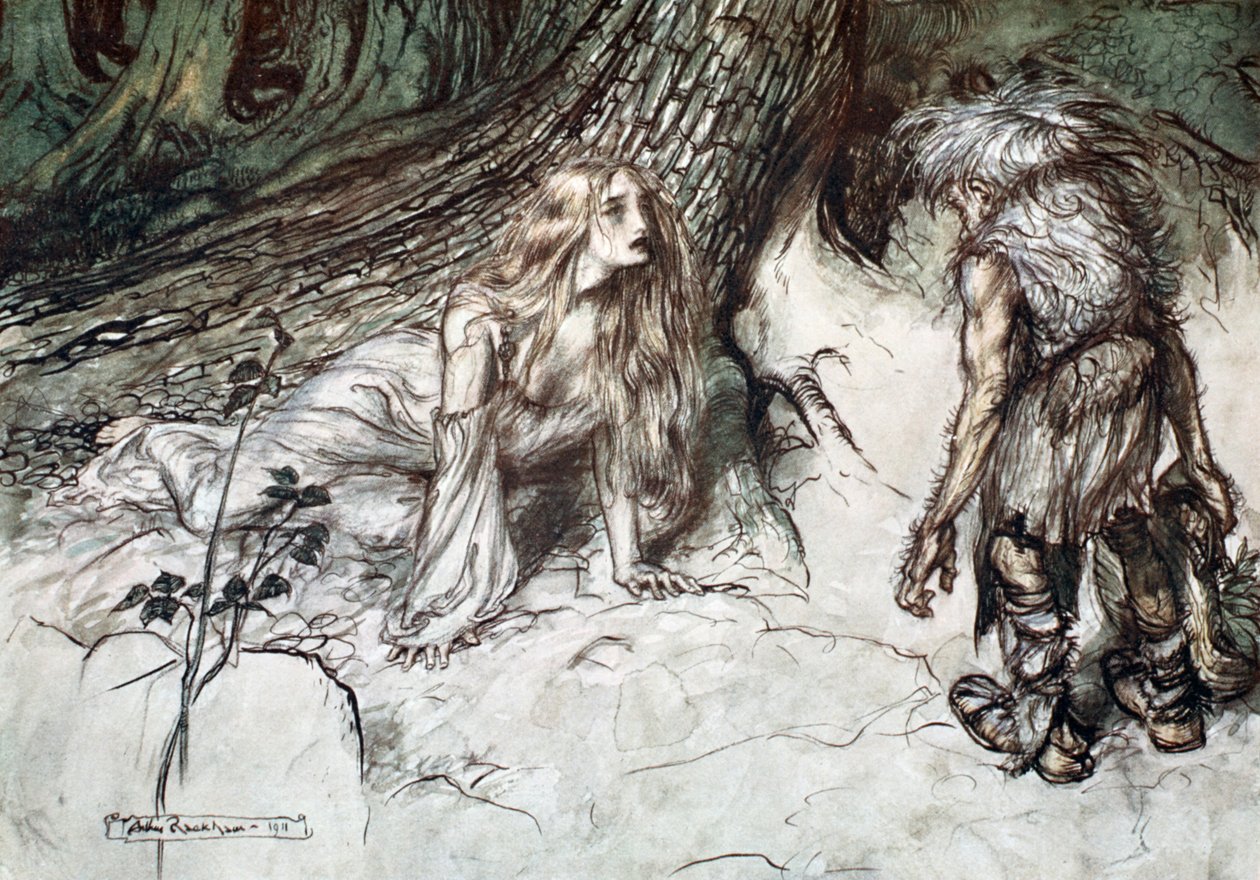 „Mime megtalálja Siegfried anyját az erdőben”, 1924. alkotó: Arthur Rackham