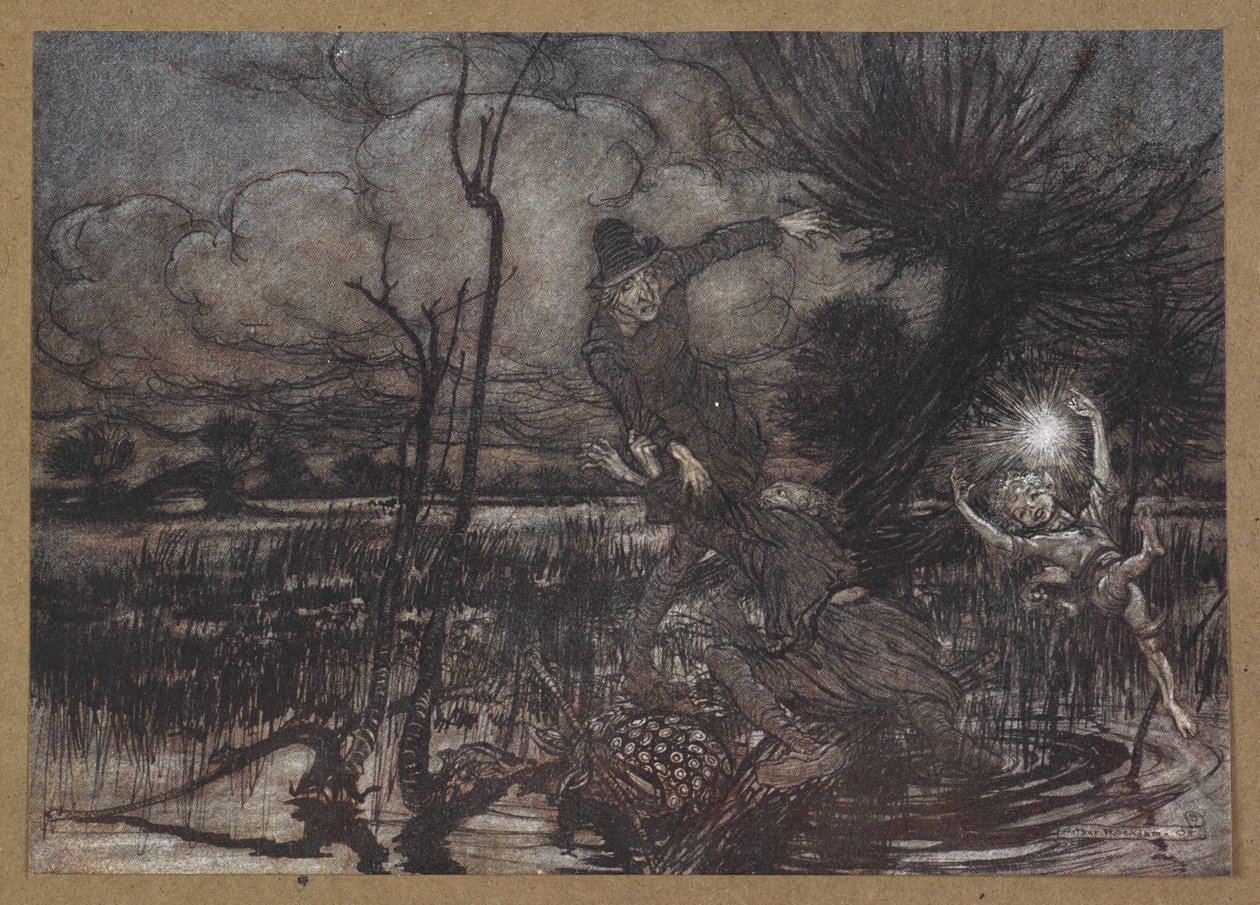 – Félrevezetni az éjszakai vándorokat, nevetve a kárukon? Jelenet a Szentivánéji álomból. alkotó: Arthur Rackham