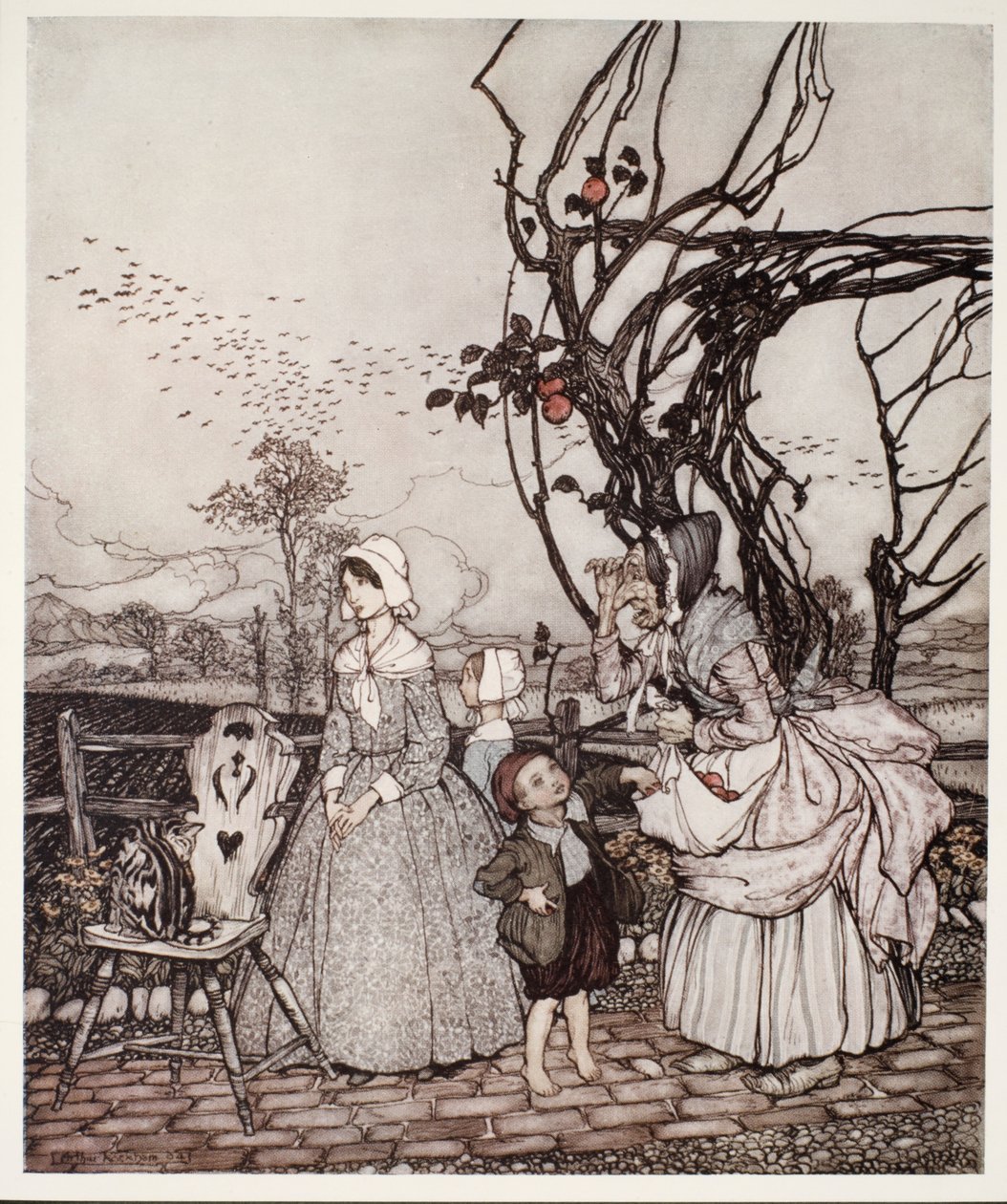 Anya és gyermekei almagyűjtésből jönnek vissza Rip Van Winkle-től Washington Irvingtől, kocsmából. 1910 alkotó: Arthur Rackham